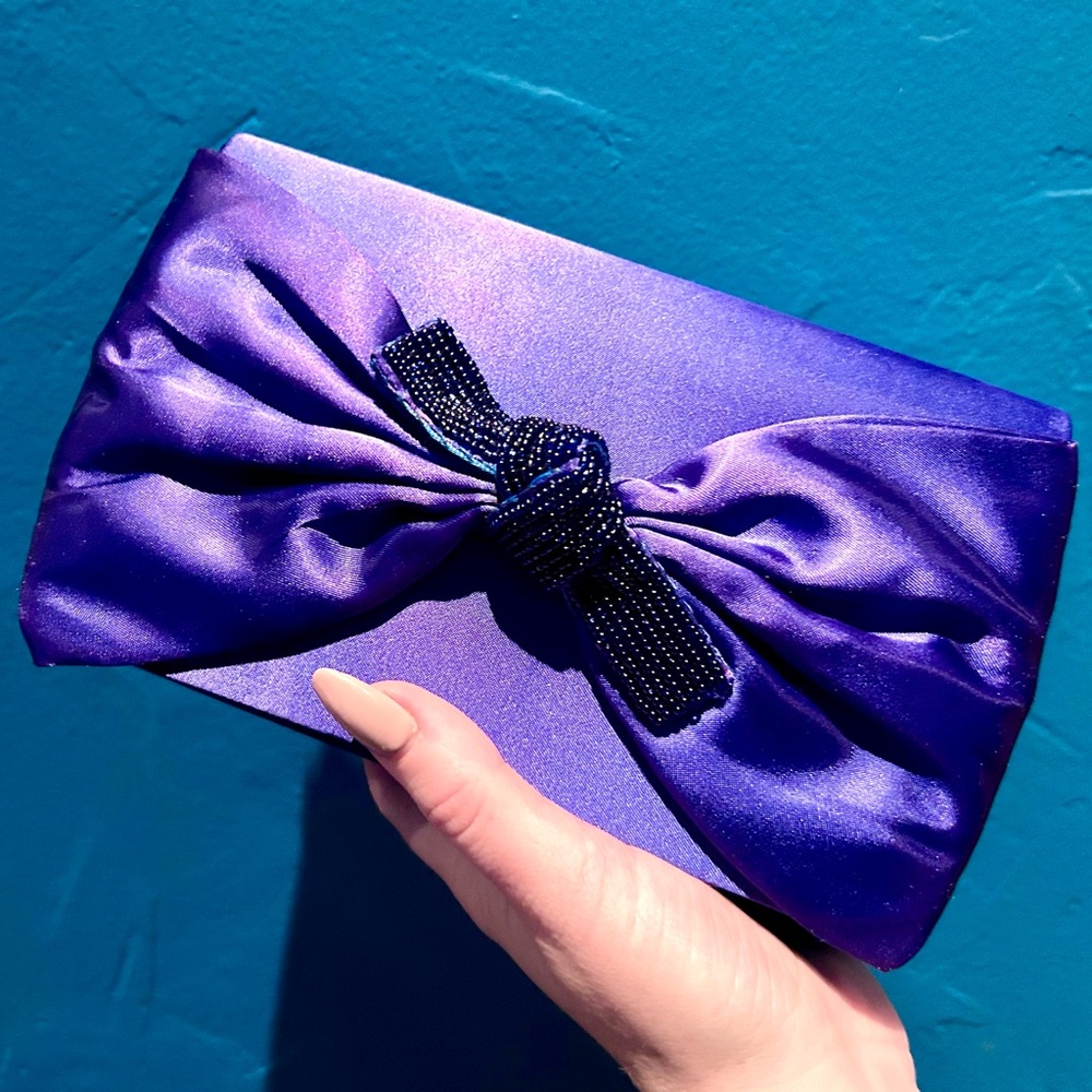 Vintage Y2K La Regale Royal Blue Satin Evening Bag w/ Bow, Beaded Knot